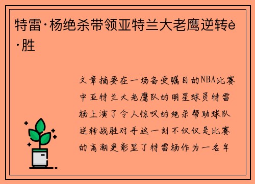 特雷·杨绝杀带领亚特兰大老鹰逆转获胜