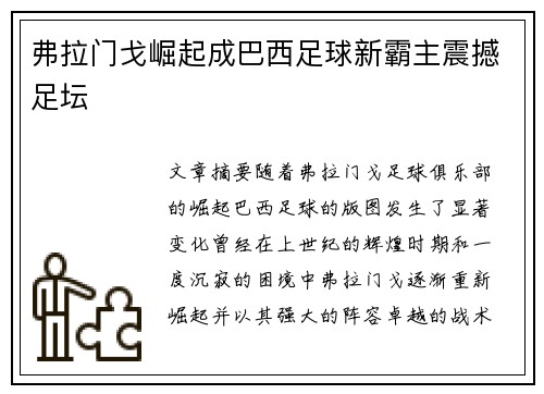 弗拉门戈崛起成巴西足球新霸主震撼足坛